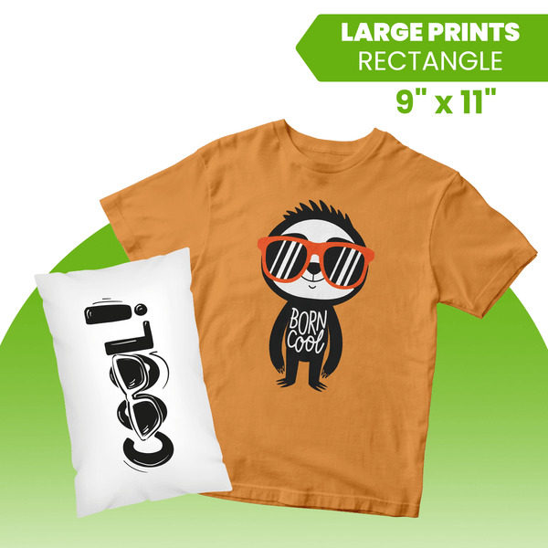 Orange t-shirt with a bear graphic and sunglasses, next to a white pillow with black design, on a green background.
