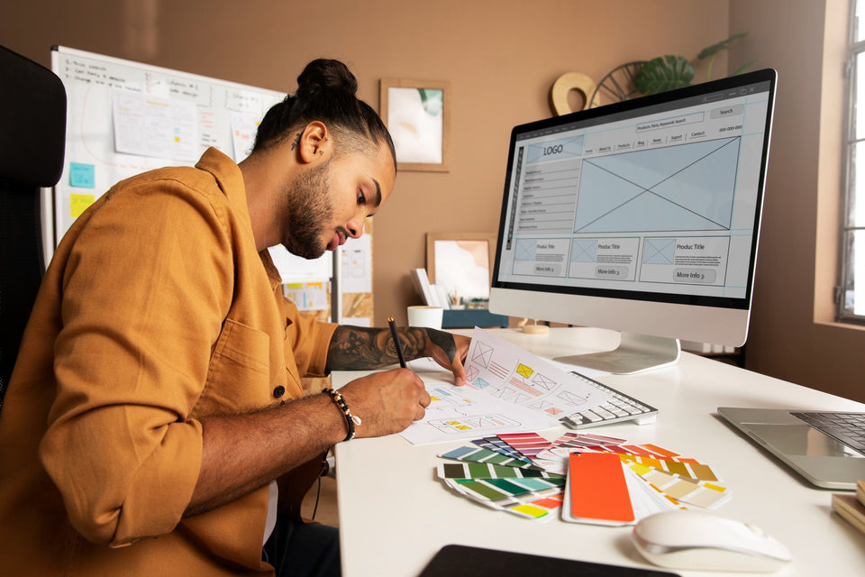 Graphic designer working on website wireframe with sketches and color swatches at desk