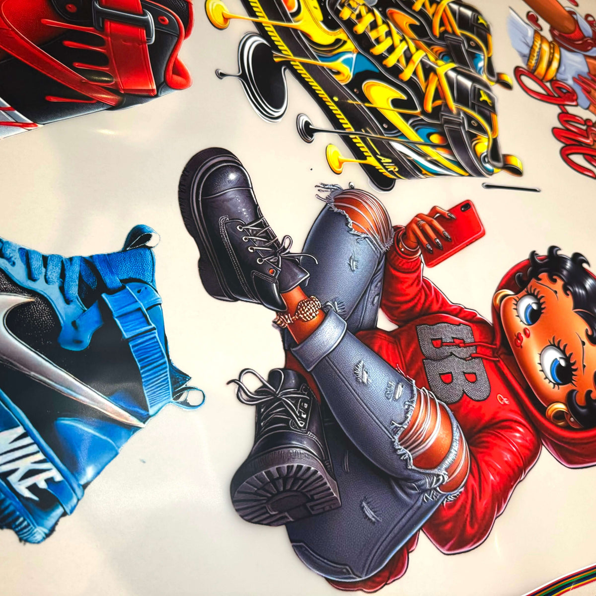 Colorful display of sneakers and a cartoon character on a vibrant background