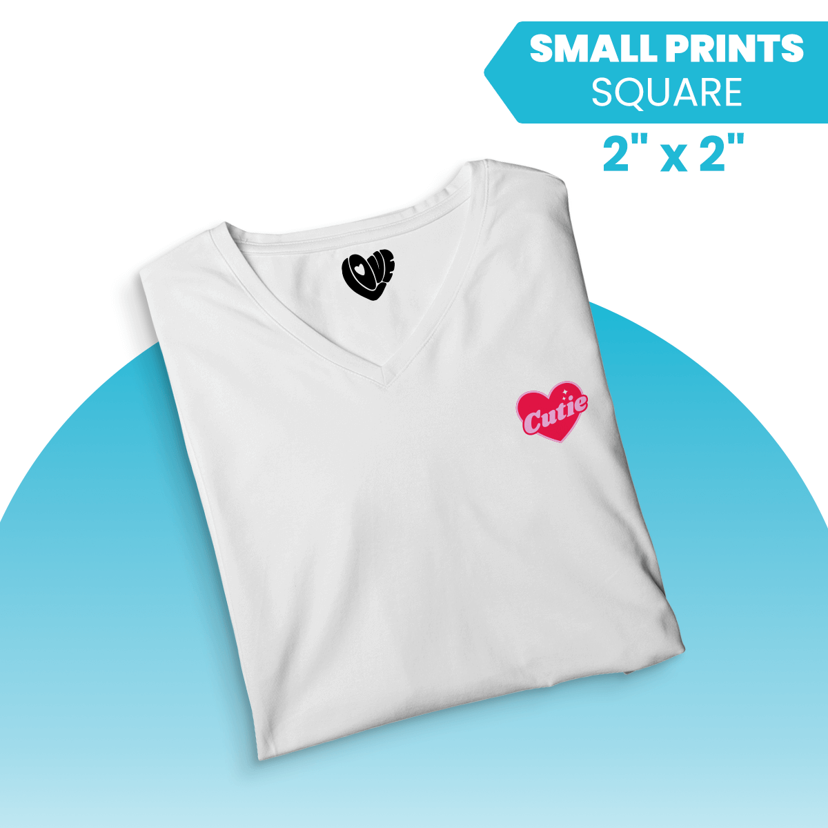 Custom DTF Transfers by Size on a white V-neck t-shirt featuring a heart design with the word "Cutie".