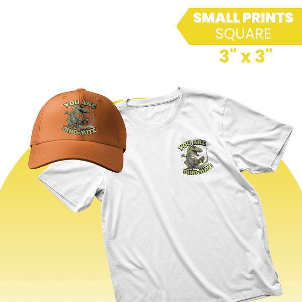 custom DTF Transfers by Size featuring small prints on a hat and t-shirt from DTF Virginia.