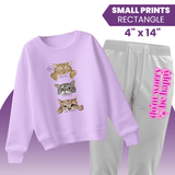 Custom DTF Transfers by Size on a sweatshirt and sweatpants featuring cute cat designs.