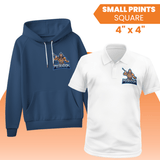 custom DTF Transfers by Size on navy hoodie and white polo shirt with Poseidon design