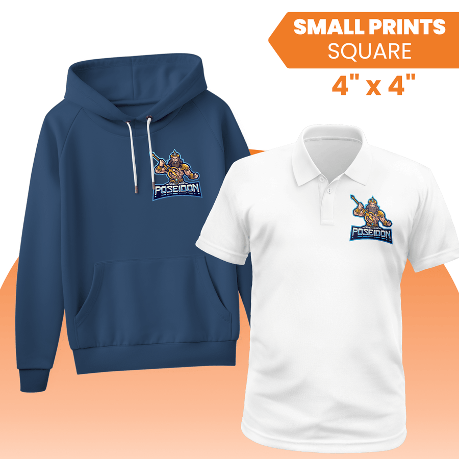 custom DTF Transfers by Size on navy hoodie and white polo shirt with Poseidon design