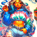 Colorful illustration of a person wearing a tie-dye hoodie with tattoos and a cigarette.