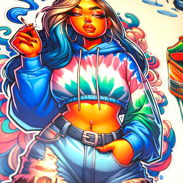 Colorful illustration of a person wearing a tie-dye hoodie with tattoos and a cigarette.