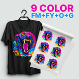 Chromablast DTF transfers featuring vibrant tiger design on black t-shirt with colorful prints.