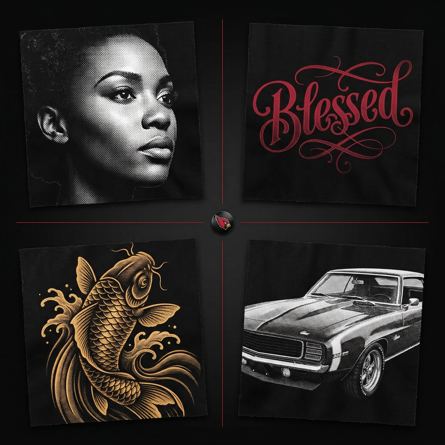 Four black square sections with a woman's portrait, the word 'Blessed', a Koi fish design, and a classic car.