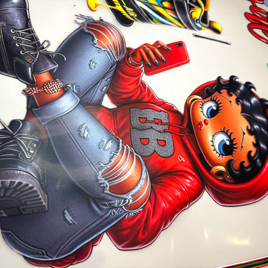 Image of a vibrant, colorful cartoon character wearing a red hoodie and ripped jeans, showcasing custom apparel designs.