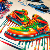 Ultra 9 Color ORGB DTF transfers featuring vibrant sneaker artwork with colorful gradient effects.