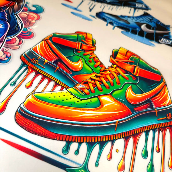 Ultra 9 Color ORGB DTF transfers featuring vibrant sneaker artwork with colorful gradient effects.