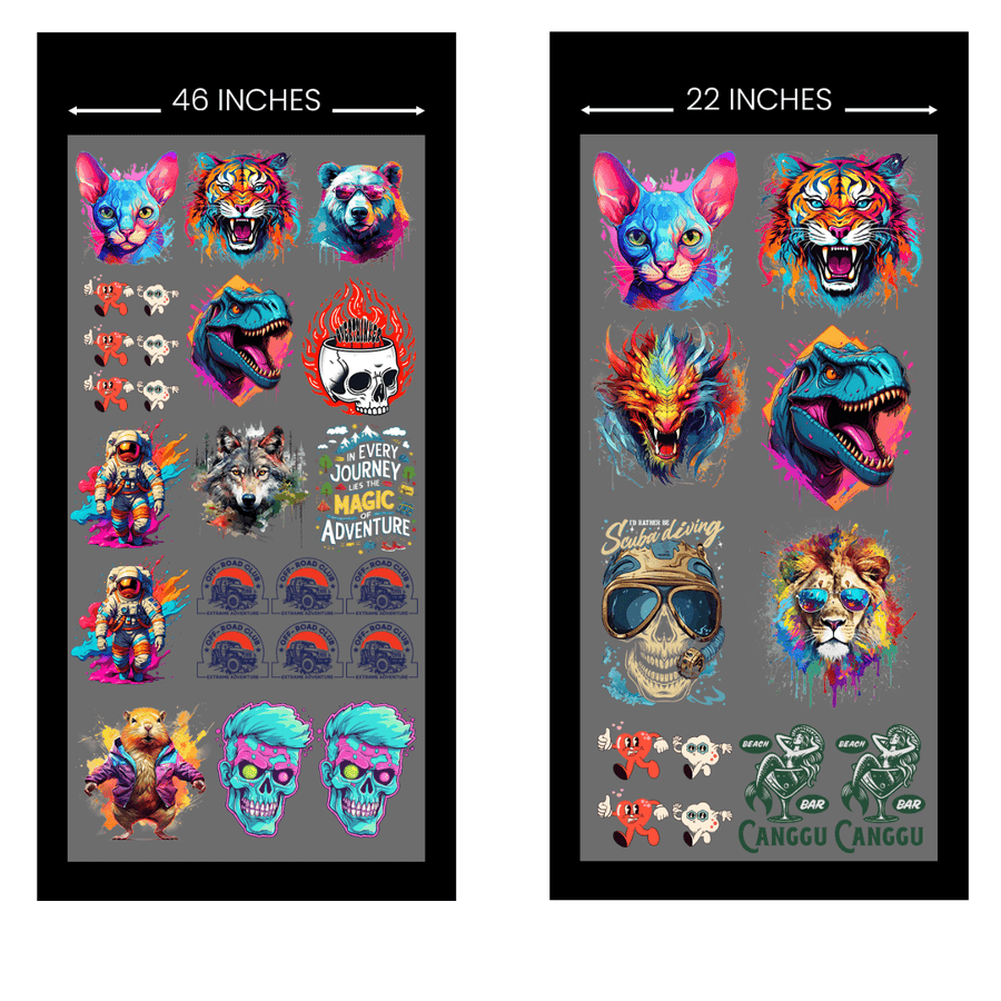 Custom DTF Gang Sheets showcasing vibrant graphics in 46 inch and 22 inch sizes for unique designs.