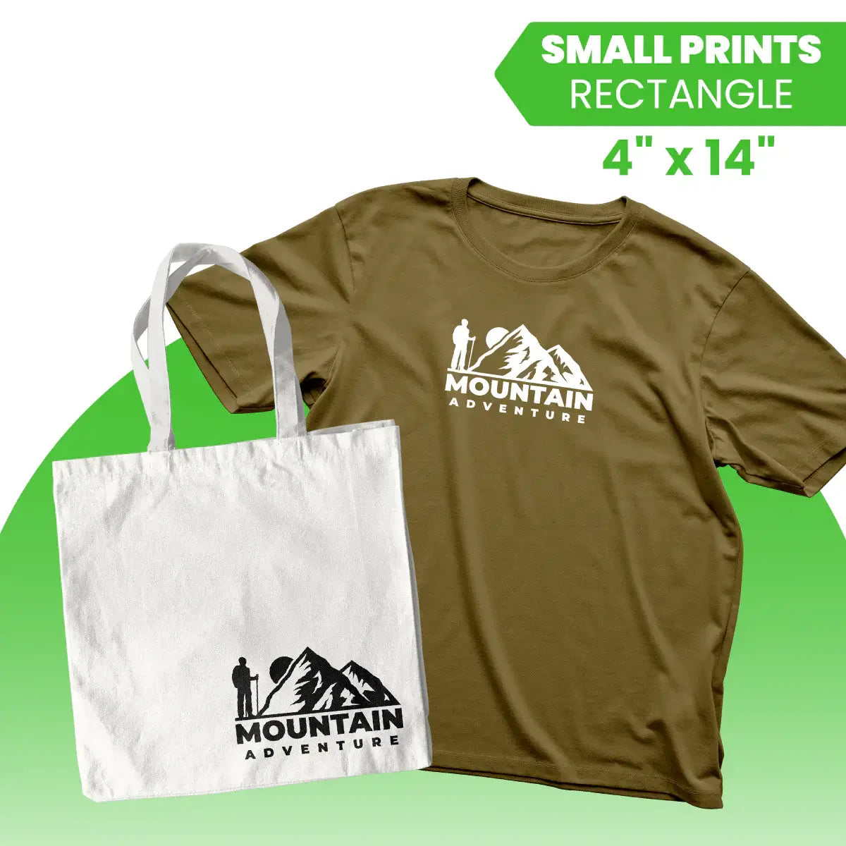 DTF Virginia small rectangle prints 4x14 inch showcasing Mountain Adventure design on t-shirt and tote bag.
