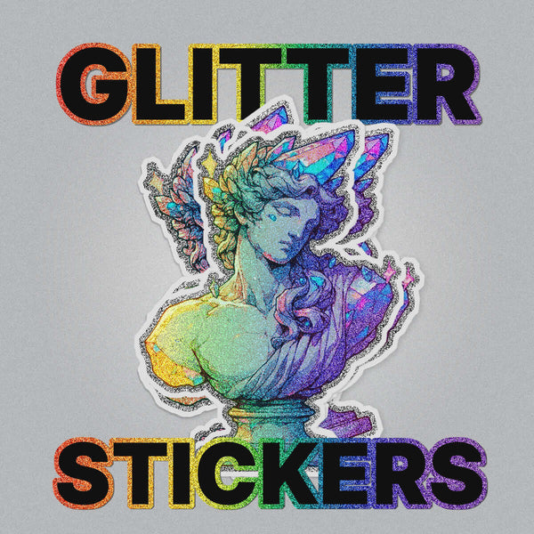 Custom Glitter Stickers with artistic design and vibrant colors on a gray background.