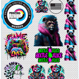 Colorful graphics including bears, gaming, and holiday themes with Printing United Alliance logo.