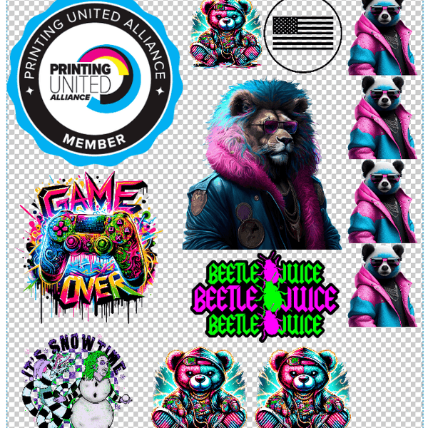 Colorful graphics including bears, gaming, and holiday themes with Printing United Alliance logo.