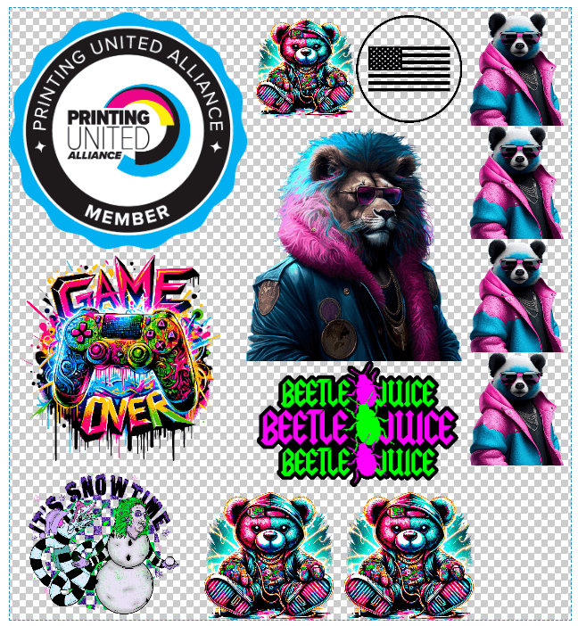 Colorful graphics including bears, gaming, and holiday themes with Printing United Alliance logo.