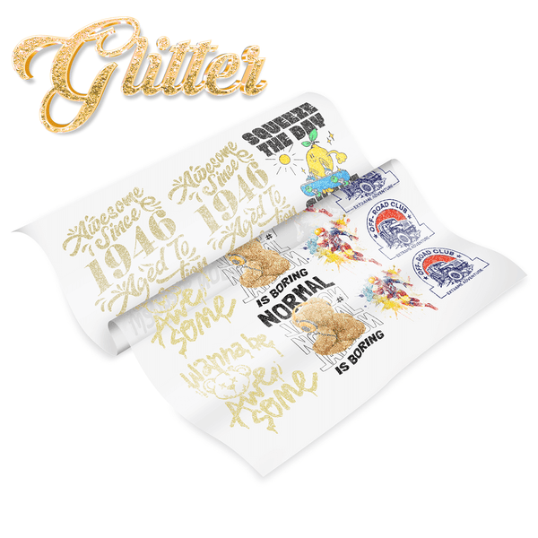 Gold Glitter DTF Transfers featuring colorful designs and sparkling details for fun crafting projects.
