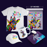 Sublimation gang sheets featuring colorful designs on t-shirts, mugs, hats, and mousepads for vibrant customization.