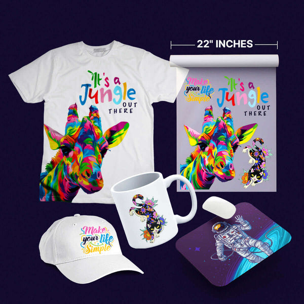 Sublimation gang sheets featuring colorful designs on t-shirts, mugs, hats, and mousepads for vibrant customization.