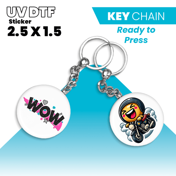 UV DTF stickers on keychain, featuring colorful designs. Perfect for customizing your tumbler.