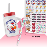 22 inch UV DTF sticker sheet builder with colorful designs and a drink container