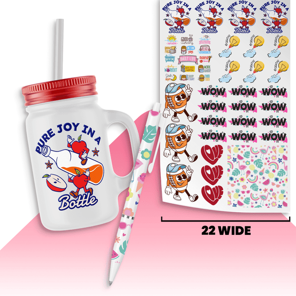 22 inch UV DTF sticker sheet builder with colorful designs and a drink container