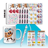 UV DTF stickers showcasing vibrant designs for tumblers, mugs, and more, demonstrating customization options.