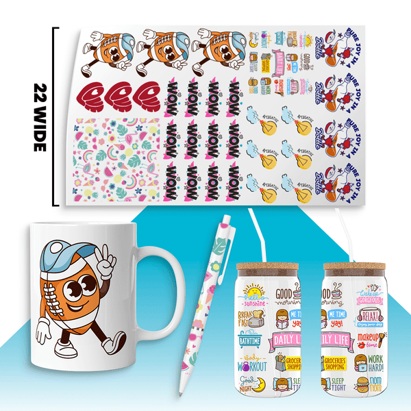 UV DTF stickers showcasing vibrant designs for tumblers, mugs, and more, demonstrating customization options.