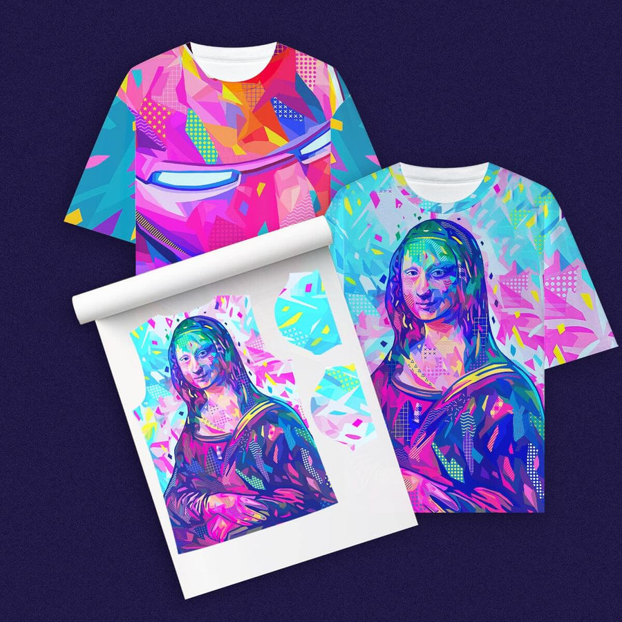 Sublimation Gang Sheet Builder showcasing colorful sublimation t-shirts and vibrant print designs.