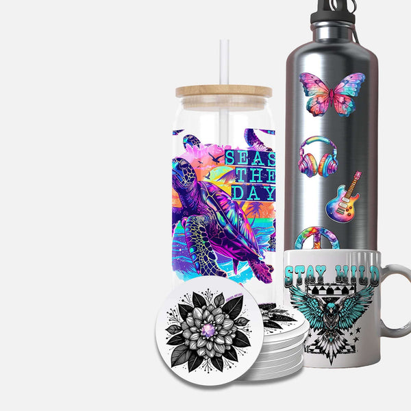 Colorful collection of custom stickers, water bottle, tumbler, and mug showcasing vibrant designs and messages.