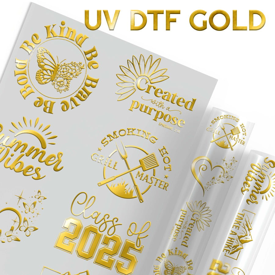 Gold UV DTF Transfers Metallic Gold Meets High Performance UV Durability