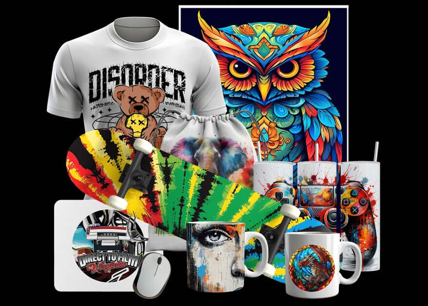 Custom sublimation gang sheets featuring colorful designs on apparel, skateboards, mugs, and artwork.