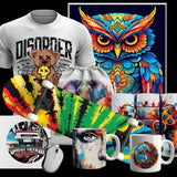 Custom sublimation gang sheets featuring colorful designs on apparel, skateboards, mugs, and artwork.