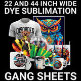 Custom sublimation gang sheets with colorful designs, including t-shirts, mugs, and skateboard graphics.