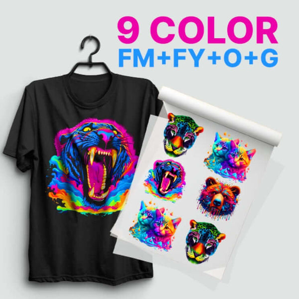 Chromablast DTF transfers showcasing vibrant shirt graphics and colorful transfer sheets for detailed designs.
