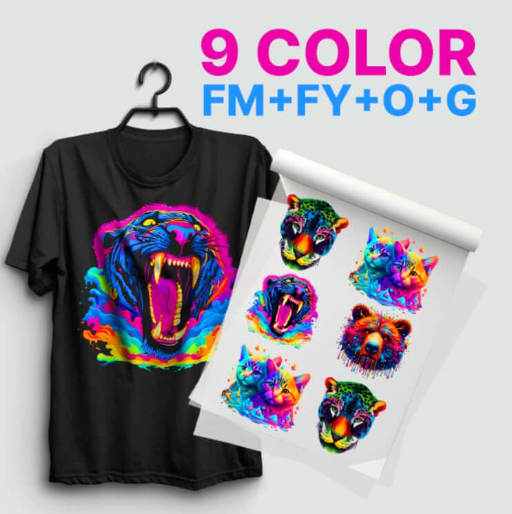 Chromablast DTF transfers showcasing vibrant shirt graphics and colorful transfer sheets for detailed designs.