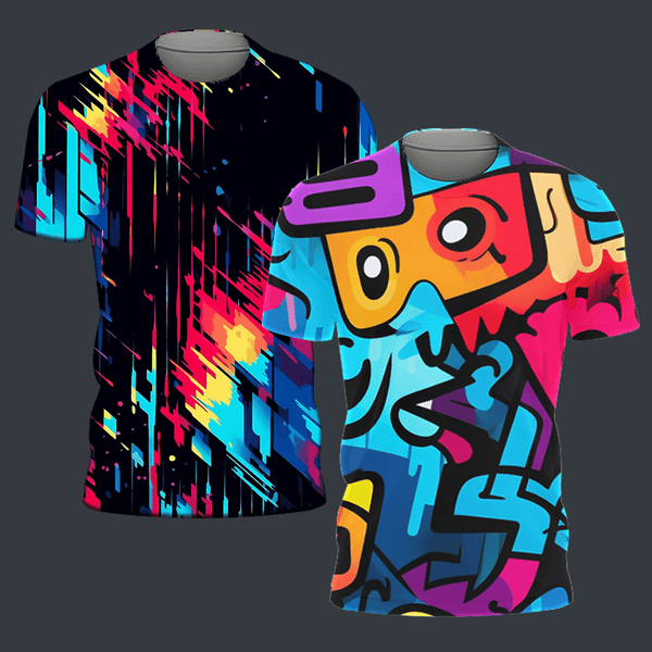 Custom sublimation gang sheets featuring colorful graphic t-shirts in vibrant designs.