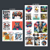 Custom sublimation gang sheets featuring colorful designs including quotes and animals on a 42