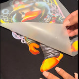 Custom DTF Gang Sheets showcasing a vibrant cartoon duck design being applied to fabric.
