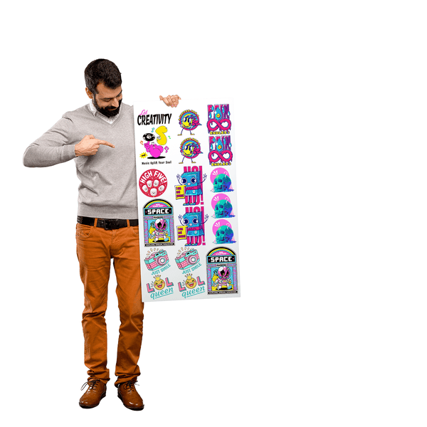 Man showcasing vibrant designs printed with 9 color DTF transfers from DTF Virginia on a large sheet.