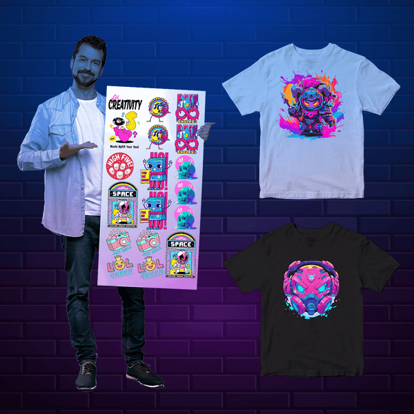9 color DTF transfers displayed on t-shirts, showcasing vibrant designs and colors by DTF Virginia.