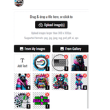 Image showing upload interface for custom DTF heat transfer sheets with various art options.