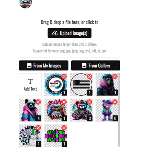 Image showing upload interface for custom DTF heat transfer sheets with various art options.