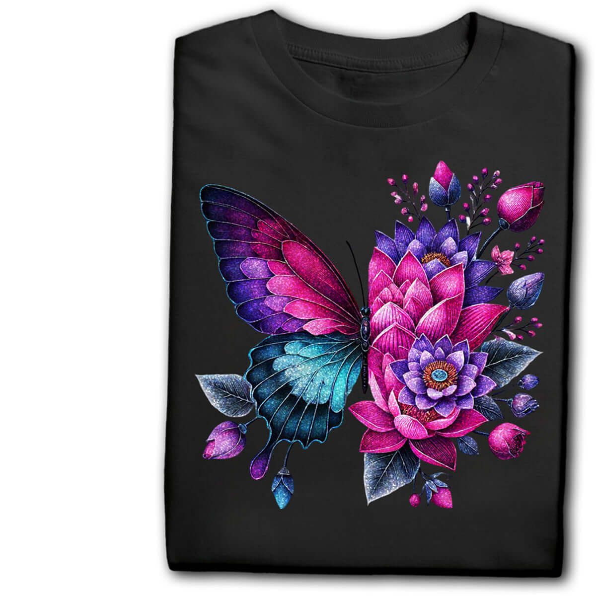 Glitter DTF Transfers of a butterfly and floral design on a black t-shirt showcasing vibrant colors.