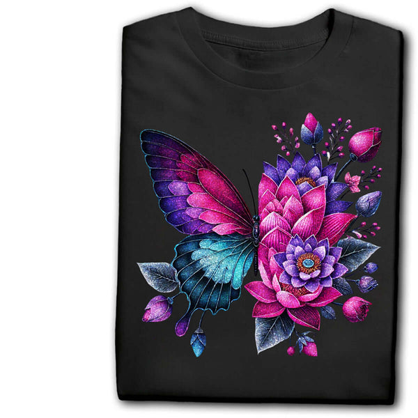 Glitter DTF Transfers of a butterfly and floral design on a black t-shirt showcasing vibrant colors.