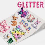 Colorful glitter dtf transfers featuring animals, sports, and playful designs for vibrant custom creations.