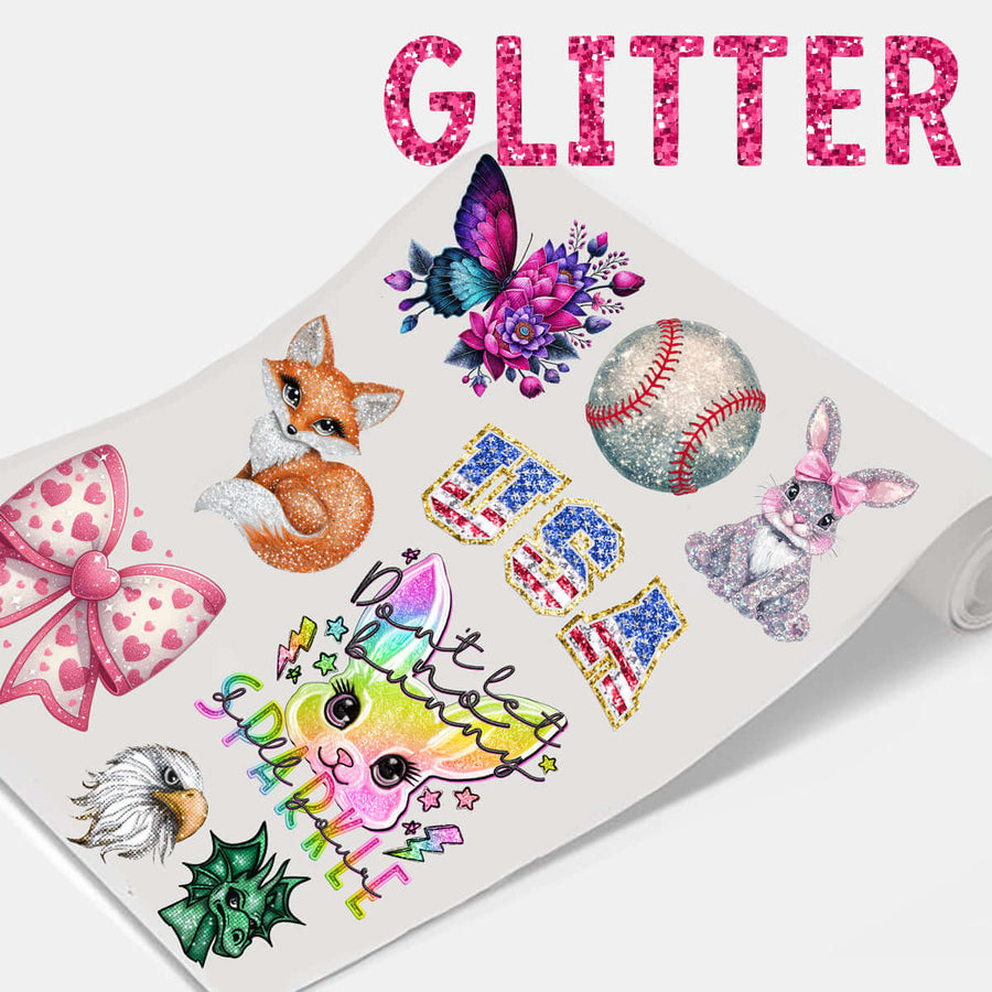 Glitter DTF Transfers featuring colorful designs like a fox, butterfly, baseball, and more for custom apparel.
