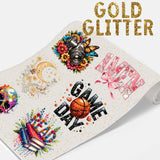Gold Glitter DTF Transfers showcasing vibrant designs and sparkling glitter for creative applications.