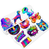 Colorful stickers showcasing fluorescent DTF printing with vibrant designs of animals, plants, and text.